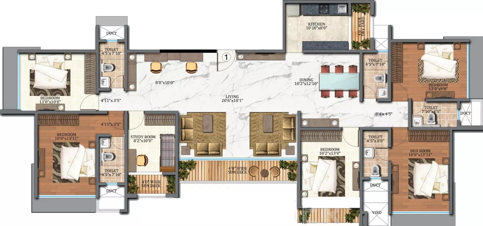 Floor plan of 5 BHK 2985 Sq. Ft. Apartment in Veena Sky Heights, Mumbai