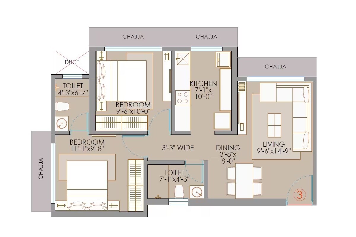 Floor plan of 2 BHK 586 Sq. Ft. Apartment in Veena Smart Homes, Mumbai