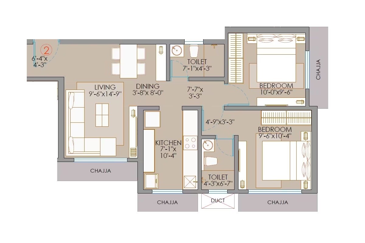 Floor plan of 2 BHK 615 Sq. Ft. Apartment in Veena Smart Homes, Mumbai