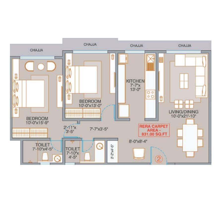 Floor plan of 2 BHK 831 Sq. Ft. Apartment in Veena Solace, Mumbai