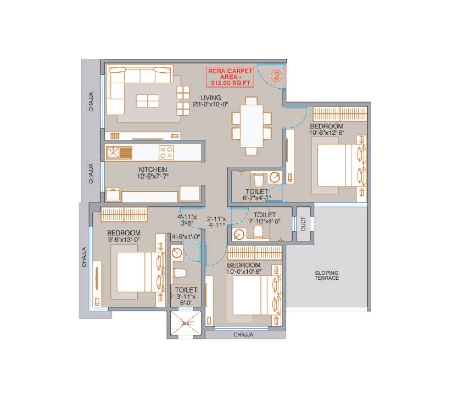 Floor plan of 3 BHK 912 Sq. Ft. Apartment in Veena Solace, Mumbai
