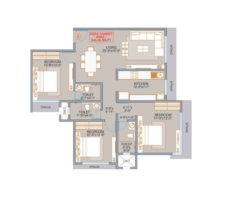Floor plan of 3 BHK 945 Sq. Ft. Apartment in Veena Solace, Mumbai