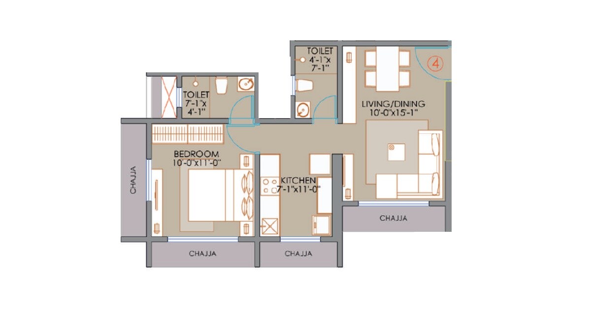 Floor plan of 1 BHK 421 Sq. Ft. Apartment in Veena Suyog, Mumbai