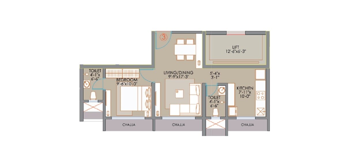 Floor plan of 1 BHK 461 Sq. Ft. Apartment in Veena Suyog, Mumbai