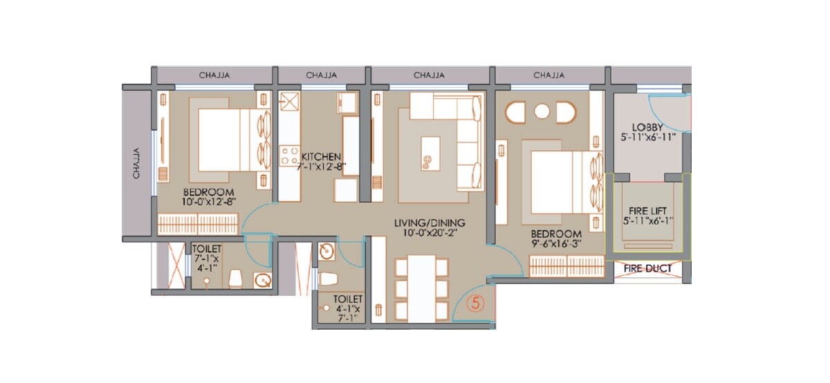 Floor plan of 2 BHK 673 Sq. Ft. Apartment in Veena Suyog, Mumbai
