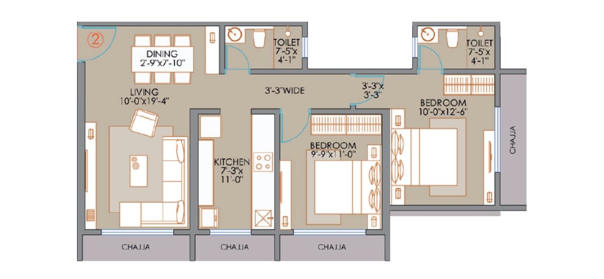 Floor plan of 2 BHK 683 Sq. Ft. Apartment in Veena Suyog, Mumbai