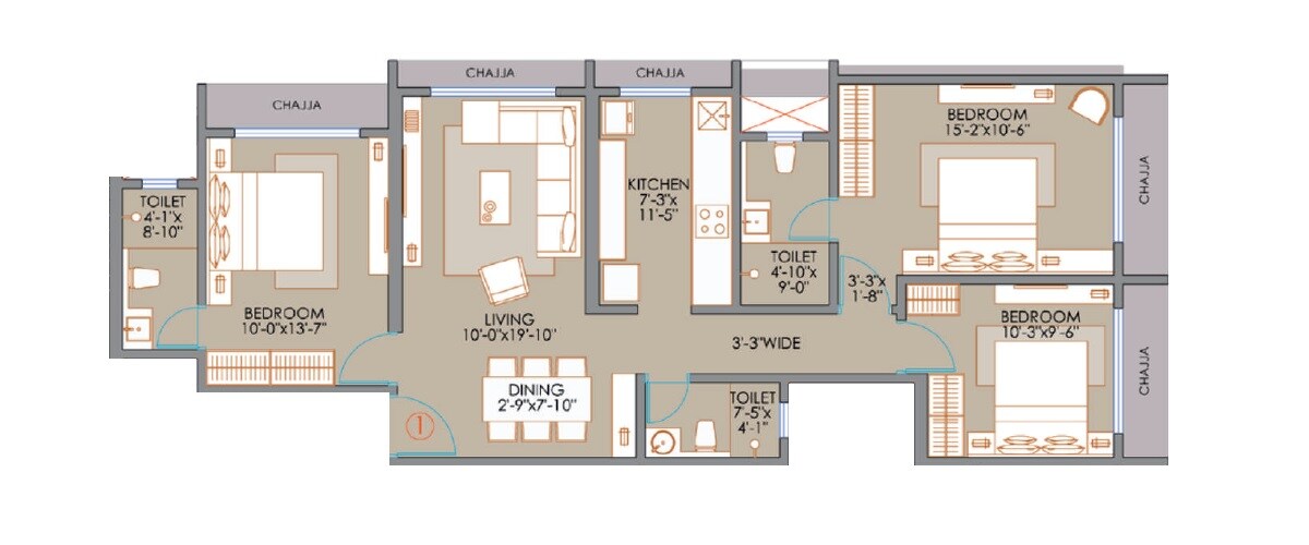 Floor plan of 3 BHK 923 Sq. Ft. Apartment in Veena Suyog, Mumbai
