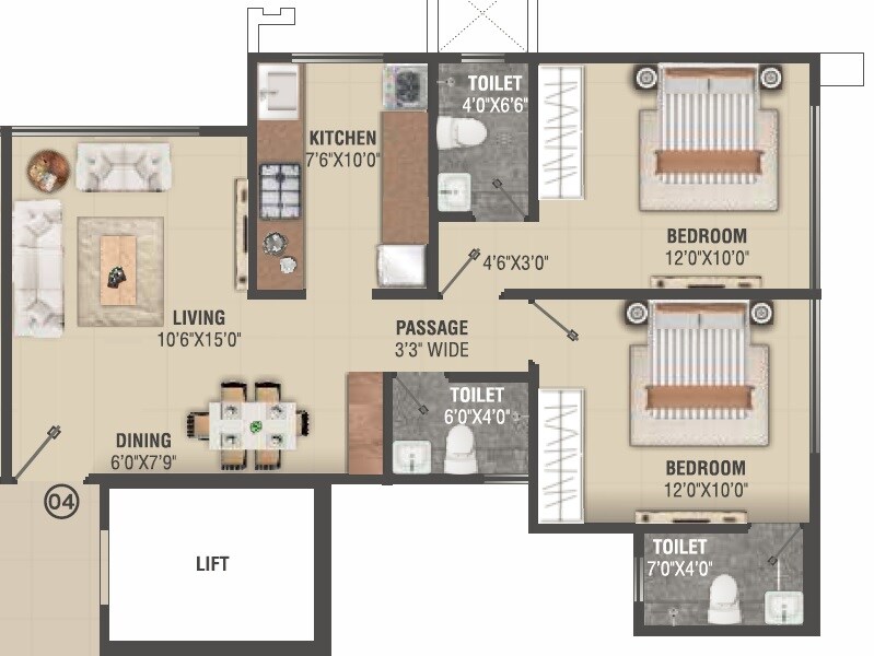 Floor plan of 2 BHK 615 Sq. Ft. Apartment in Veeramani Radiant 59, Mumbai