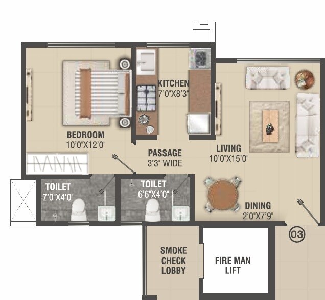 Floor plan of 1 BHK 408 Sq. Ft. Apartment in Veeramani Rediant 59, Mumbai