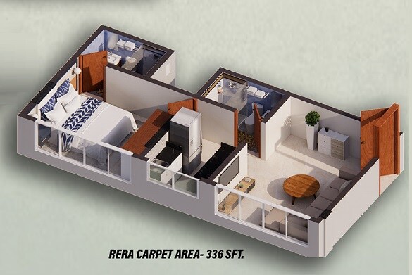 Floor plan of 1 BHK 336 Sq. Ft. Apartment in Vencon Bhagat Niwas, Mumbai