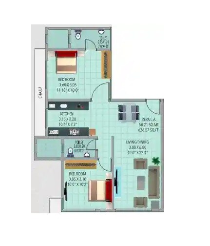 Floor plan of 2 BHK 626 Sq. Ft. Apartment in Vengurlekars Azad Nagar Chaitra CHS, Mumbai