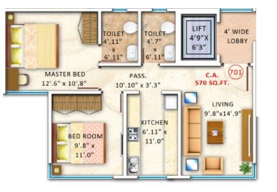 Floor plan of 2 BHK 570 Sq. Ft. Apartment in Ventures Alta Monte, Mumbai
