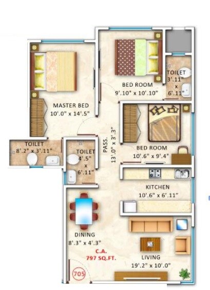 3 BHK 797 Sq. Ft. Apartment