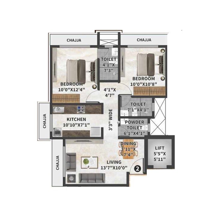 Floor plan of 2 BHK 651 Sq. Ft. Apartment in VHS Sterling, Mumbai