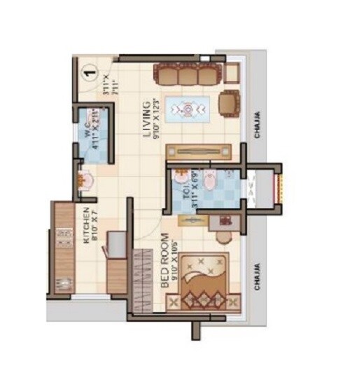 Floor plan of 1 BHK 413 Sq. Ft. Apartment in Vibha Anthurium, Mumbai