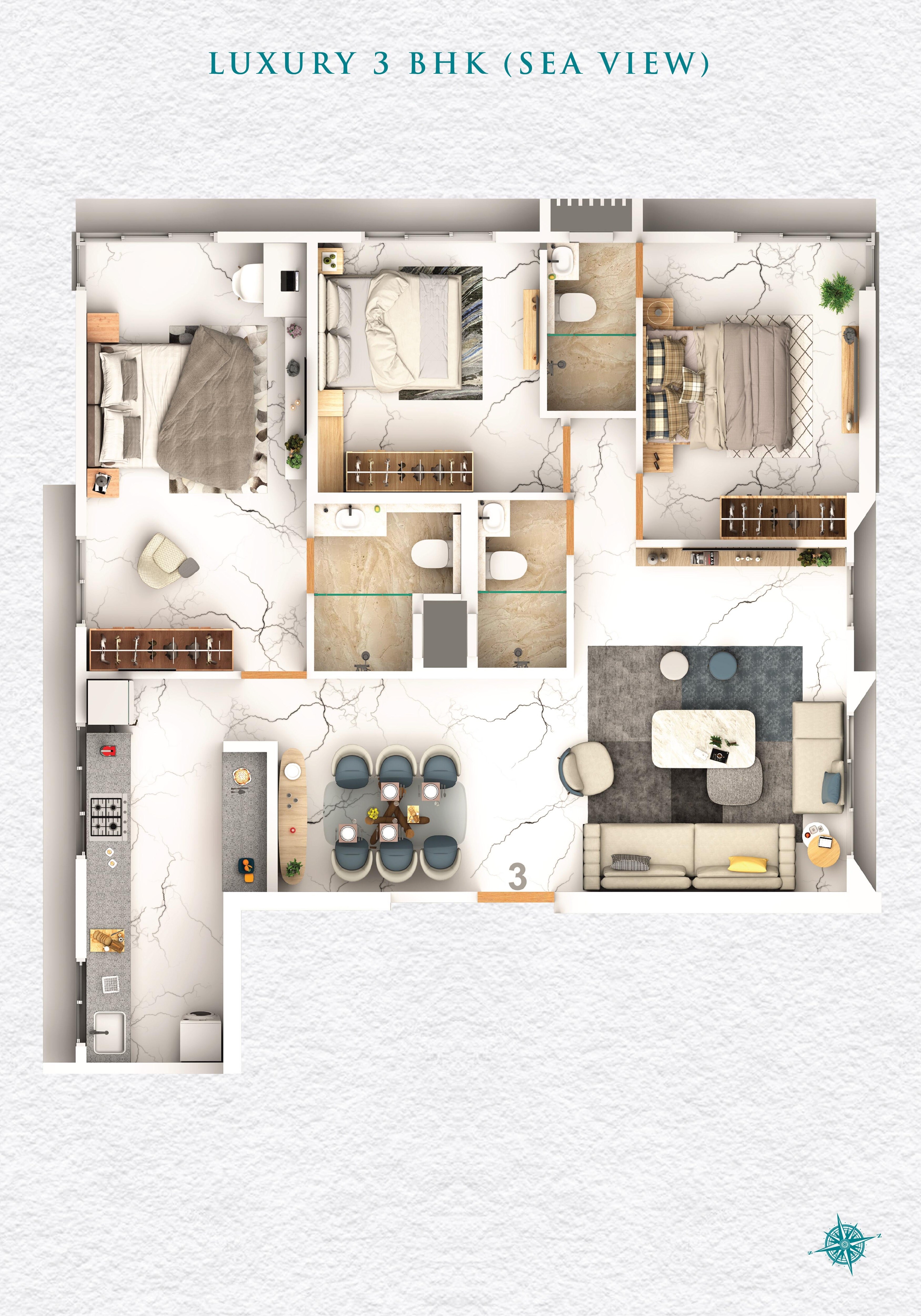 Floor plan of 3 BHK 1039 Sq. Ft. Apartment in Vibrants 1891 Ekam Parkk, Mumbai