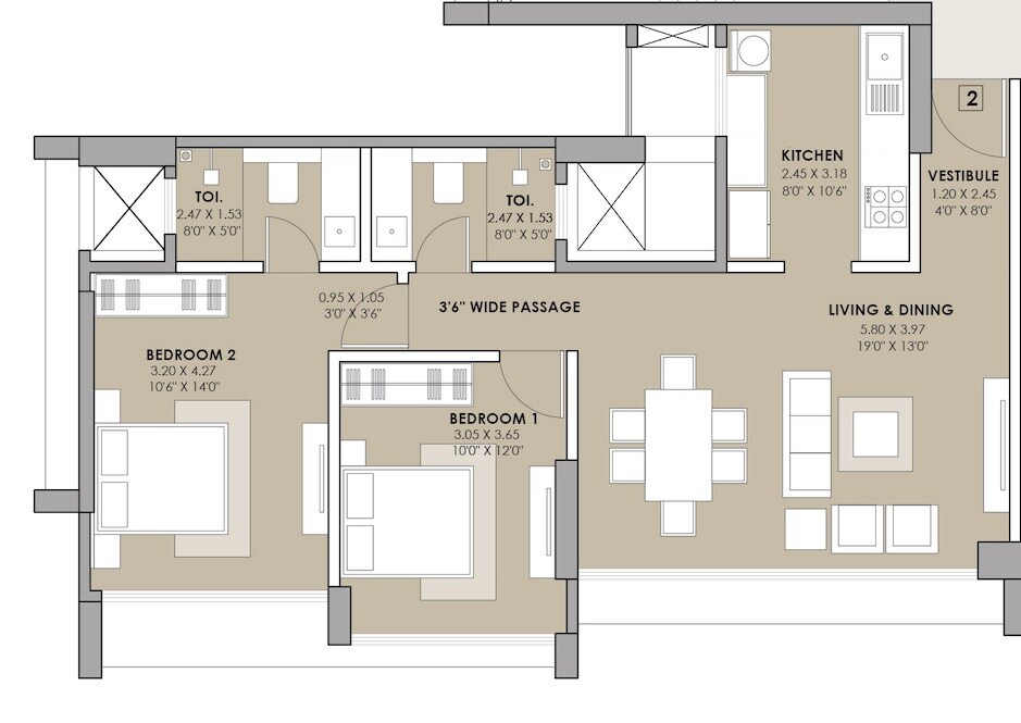 Floor plan of 2 BHK Apartment - 764 sq. ft. in Viceroy Savana, Mumbai