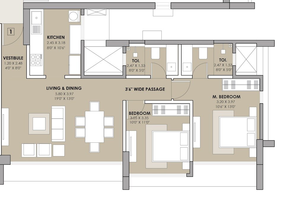 Floor plan of 2 BHK Apartment - 820 sq. ft. in Viceroy Savana, Mumbai
