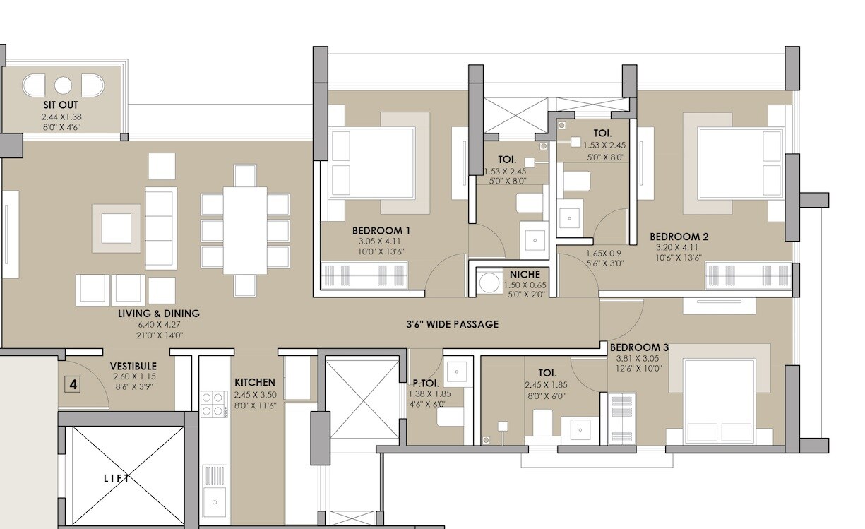 Floor plan of 3 BHK 1001 Sq. Ft. Apartment in Viceroy Savana Phase 3, Mumbai