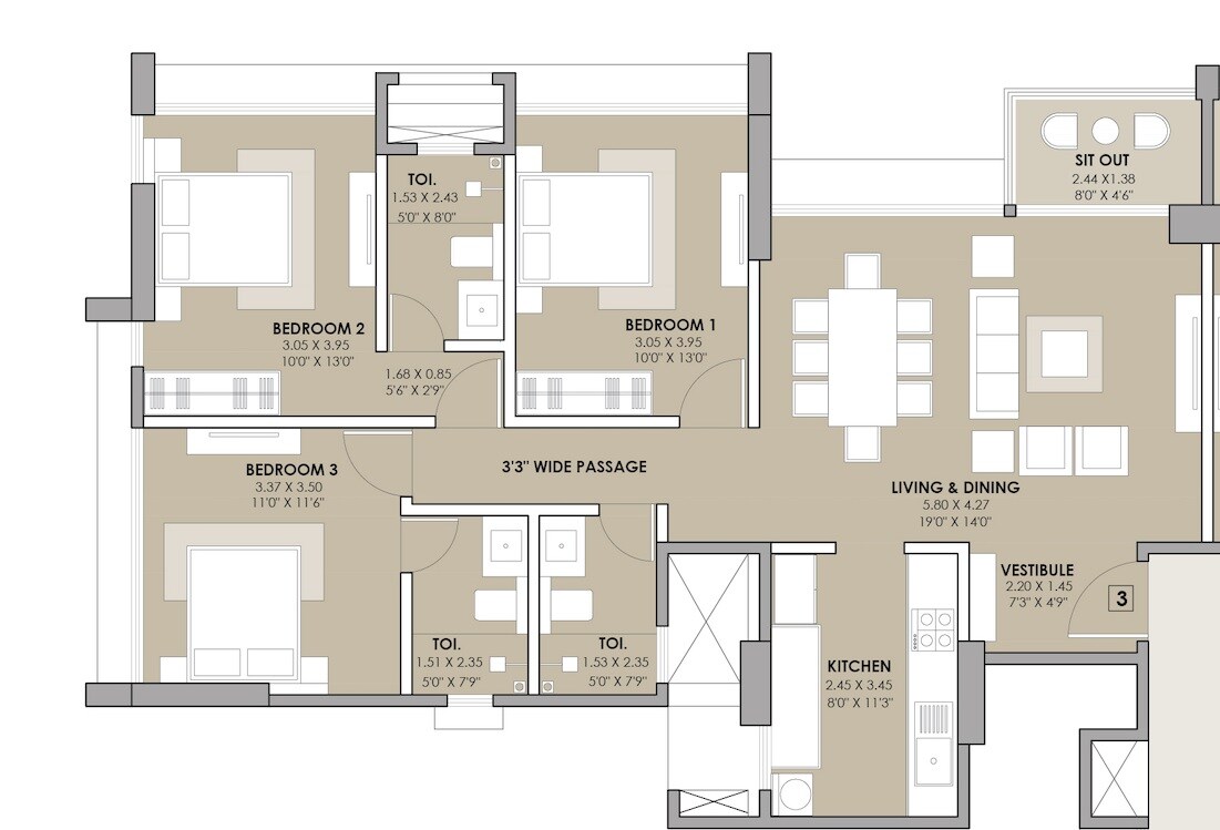 Floor plan of 3 BHK 1170 Sq. Ft. Apartment in Viceroy Savana Phase 3, Mumbai