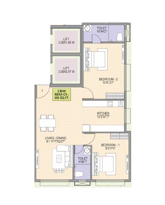 2 BHK 650 Sq. Ft. Apartment
