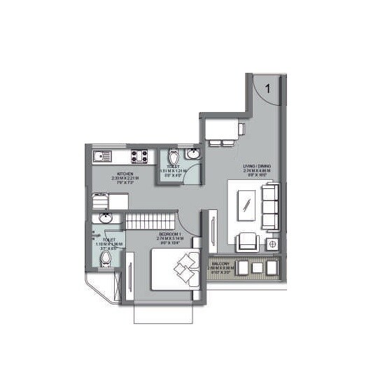 Floor plan of 1 BHK 341 Sq. Ft. Apartment in Vighnaharta Infinity, Mumbai