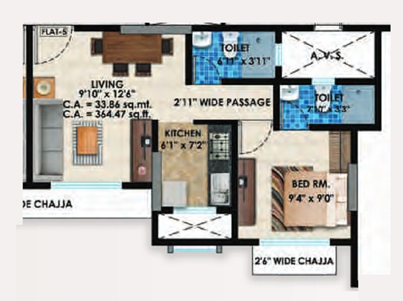 Floor plan of 1 BHK 364 Sq. Ft. Apartment in Vighnaharta Tagore Nagar Kaivalyadham CHSL, Mumbai