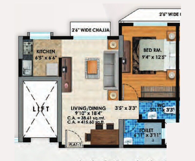 Floor plan of 1 BHK 416 Sq. Ft. Apartment in Vighnaharta Tagore Nagar Kaivalyadham CHSL, Mumbai