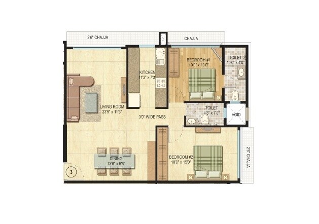 Floor plan of 2 BHK Apartment - 801 sq. ft. in Vijay Khetan Krishna Residences, Mumbai