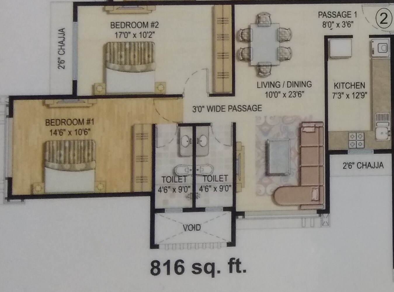 Floor plan of 2 BHK Apartment - 816 sq. ft. in Vijay Khetan Krishna Residences, Mumbai