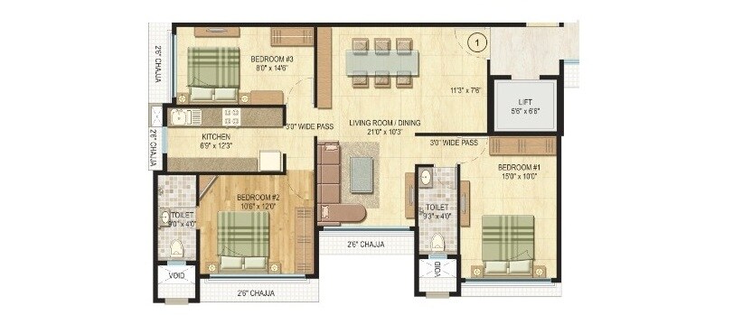 Floor plan of 3 BHK Apartment - 1074 sq. ft. in Vijay Khetan Krishna Residences, Mumbai