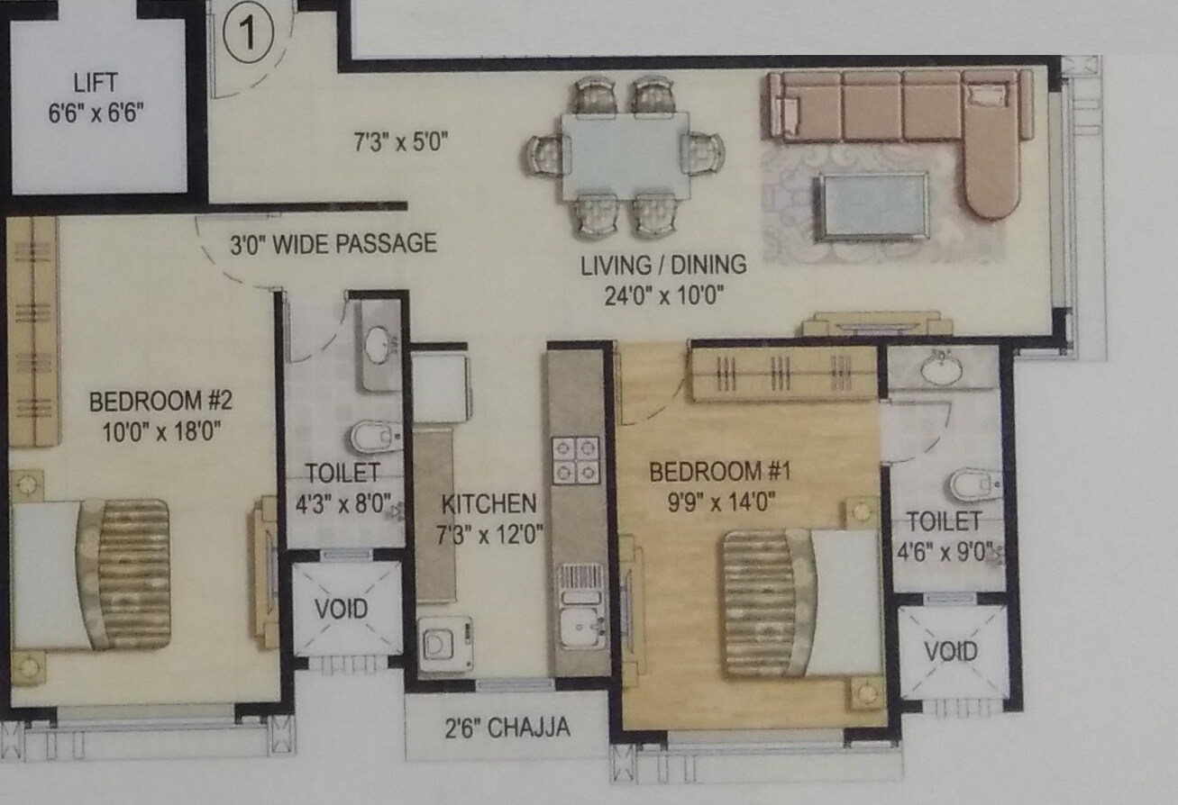 Floor plan of 3 BHK Apartment - 1076 sq. ft. in Vijay Khetan Krishna Residences, Mumbai
