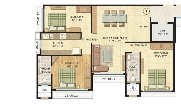 Floor plan of 3 BHK Apartment - 915 sq. ft. in Vijay Khetan Krishna Residences, Mumbai