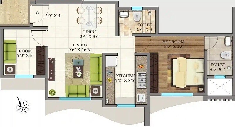Floor plan of 1 BHK 492 Sq. Ft. Apartment in Vijay Laxmi Bliss, Mumbai