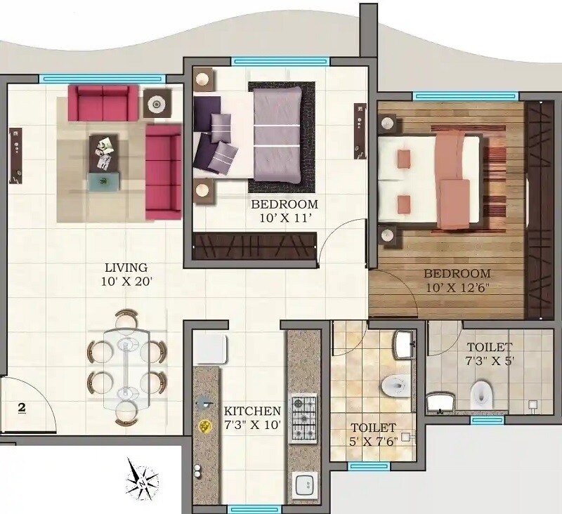 Floor plan of 2 BHK 638 Sq. Ft. Apartment in Vijay Laxmi Bliss, Mumbai