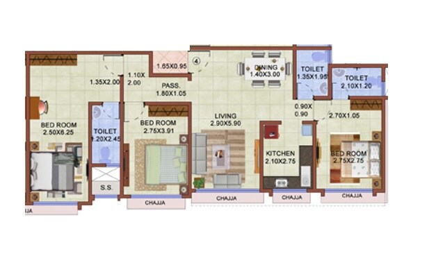 3 BHK 904 Sq. Ft. Apartment