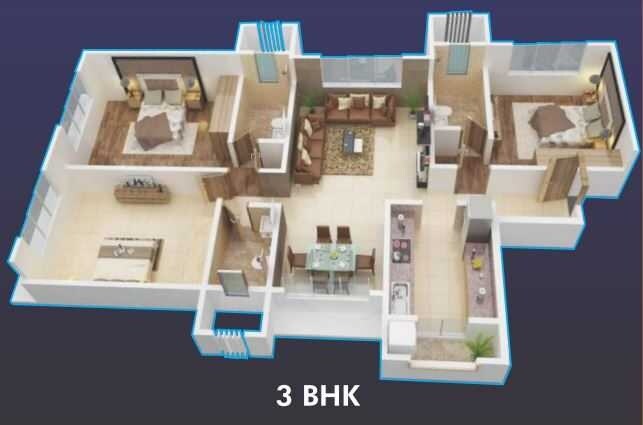 Floor plan of 3 BHK 835 Sq. Ft. Apartment in Vijay Victory Platinum, Mumbai