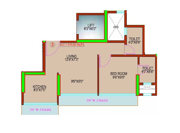 Floor plan of 1 BHK 375 Sq. Ft. Apartment in Vijaya Kulkarni Horizon, Mumbai