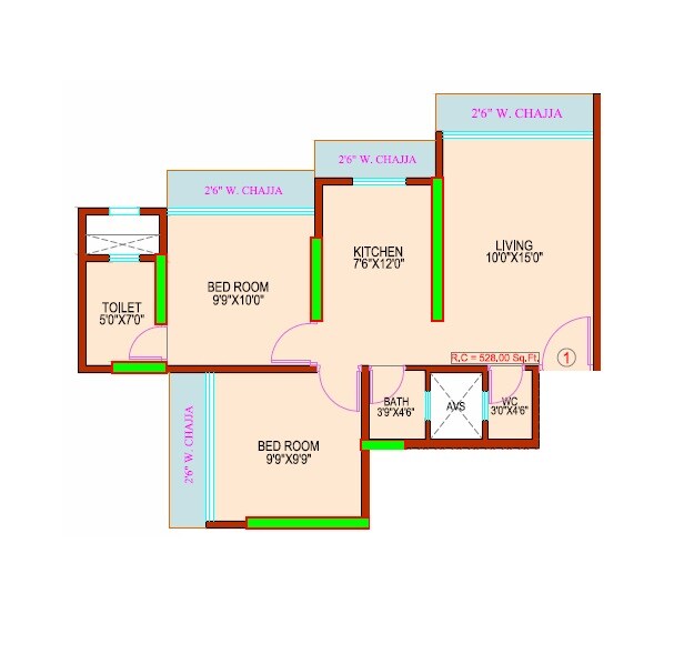 Floor plan of 2 BHK 528 Sq. Ft. Apartment in Vijaya Kulkarni Horizon, Mumbai