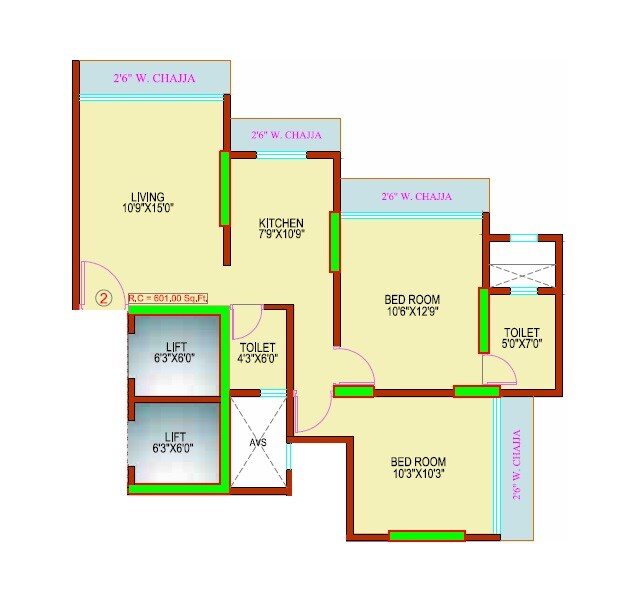 Floor plan of 2 BHK 601 Sq. Ft. Apartment in Vijaya Kulkarni Horizon, Mumbai