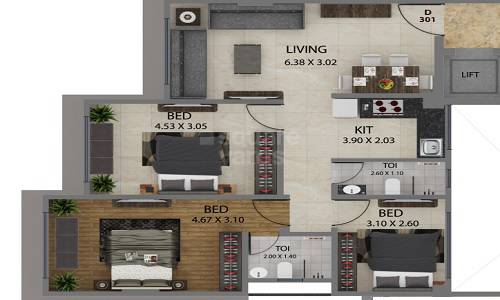 Floor plan of 3 BHK 729 Sq. Ft. Apartment in Vijayraj Alok Apartment, Mumbai