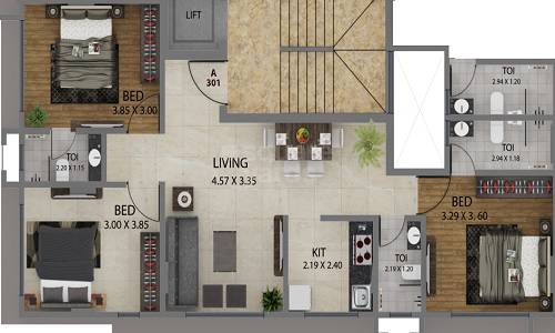 Floor plan of 3 BHK 907 Sq. Ft. Apartment in Vijayraj Alok Apartment, Mumbai