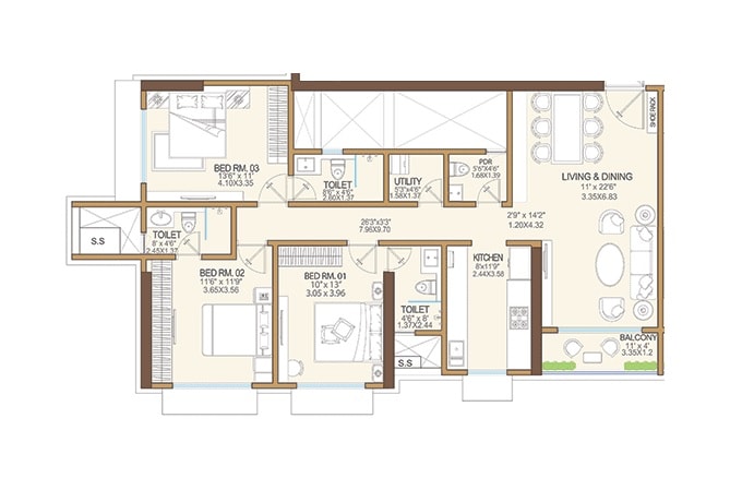 Floor plan of 3 BHK 1251 Sq. Ft. Apartment in Vikas 11, Mumbai