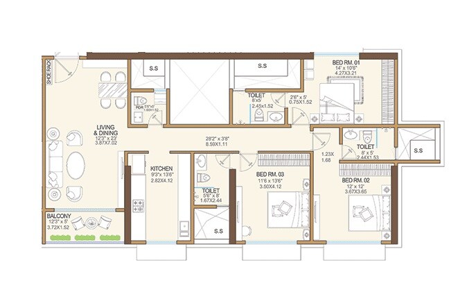 Floor plan of 3 BHK 978 Sq. Ft. Apartment in Vikas 11, Mumbai