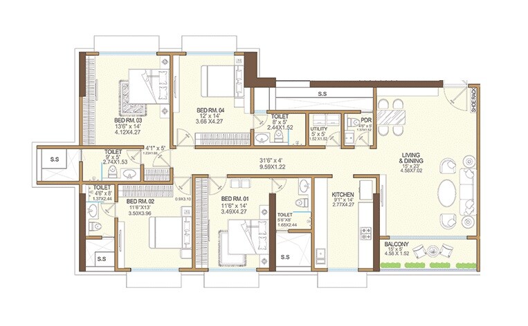 Floor plan of 4 BHK 1303 Sq. Ft. Apartment in Vikas 11, Mumbai