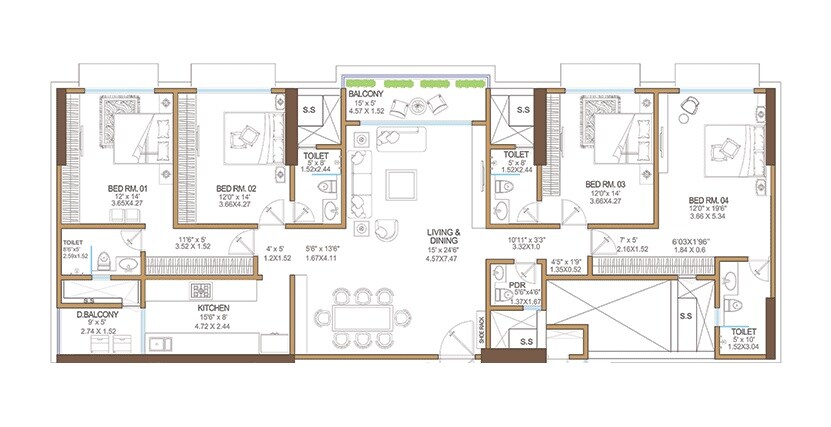 Floor plan of 4 BHK 1895 Sq. Ft. Apartment in Vikas 11, Mumbai