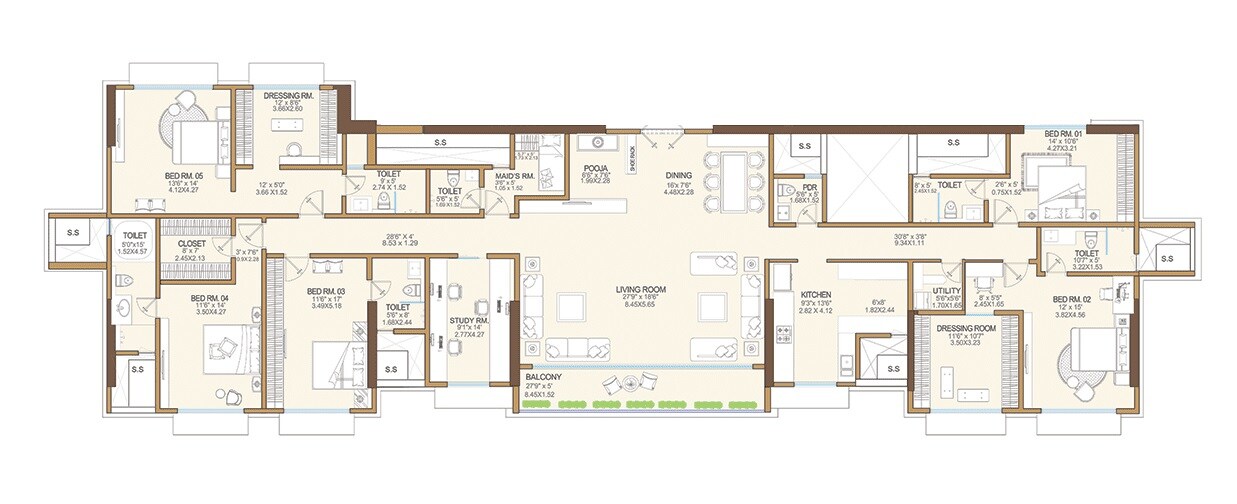 Floor plan of 5 BHK 3168 Sq. Ft. Apartment in Vikas 11, Mumbai