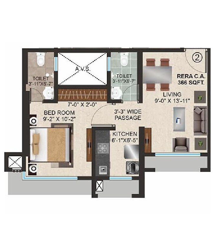 1 BHK 366 Sq. Ft. Apartment