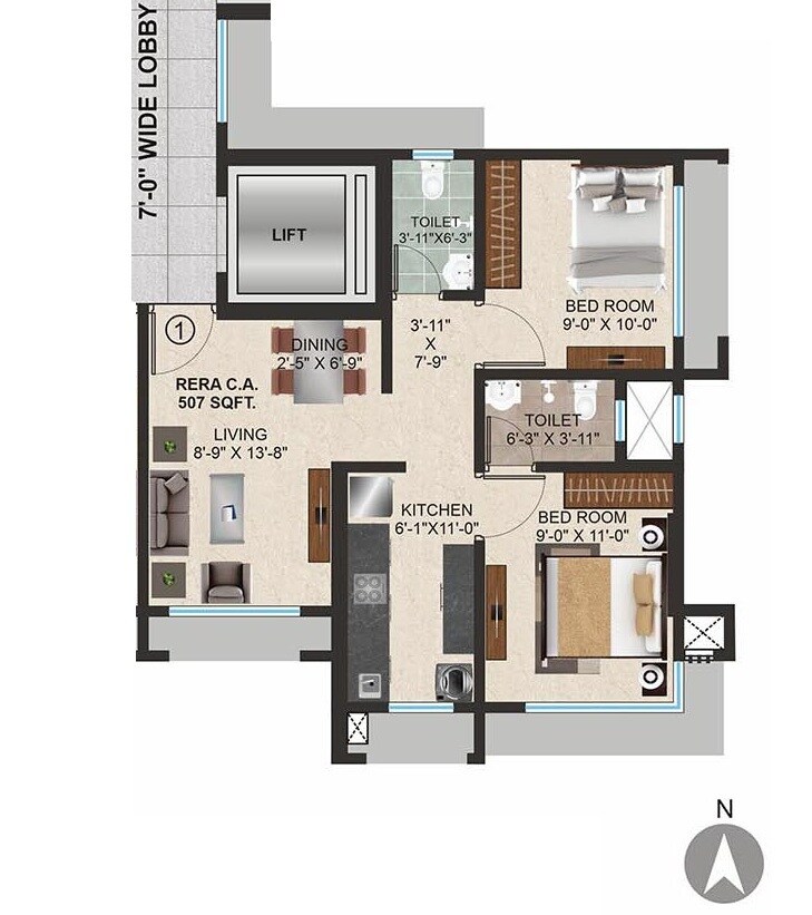 Floor plan of 2 BHK 507 Sq. Ft. Apartment in Vinayak Florence Heights, Mumbai