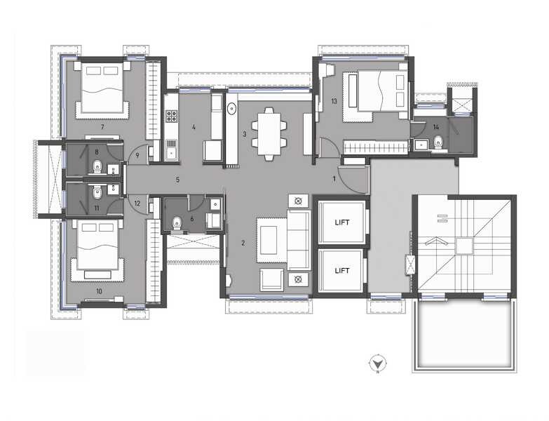 Floor plan of 3 BHK 1117 Sq. Ft. Apartment in Vinod 36 Babulnath, Mumbai